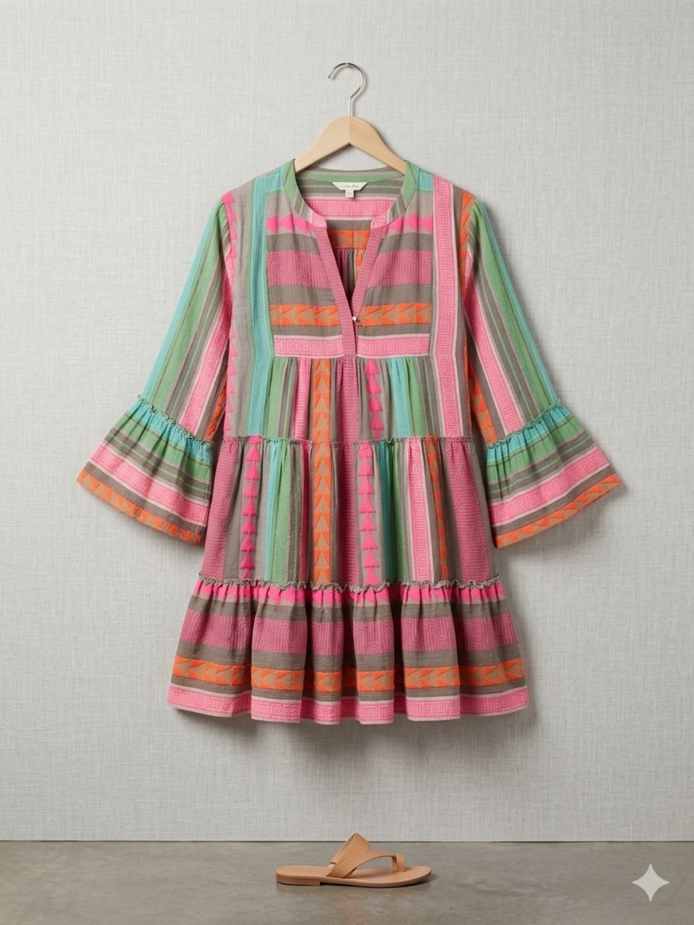 Elan Boho Tiered Geometric Mini Dress Colorful Bell Sleeve Size L